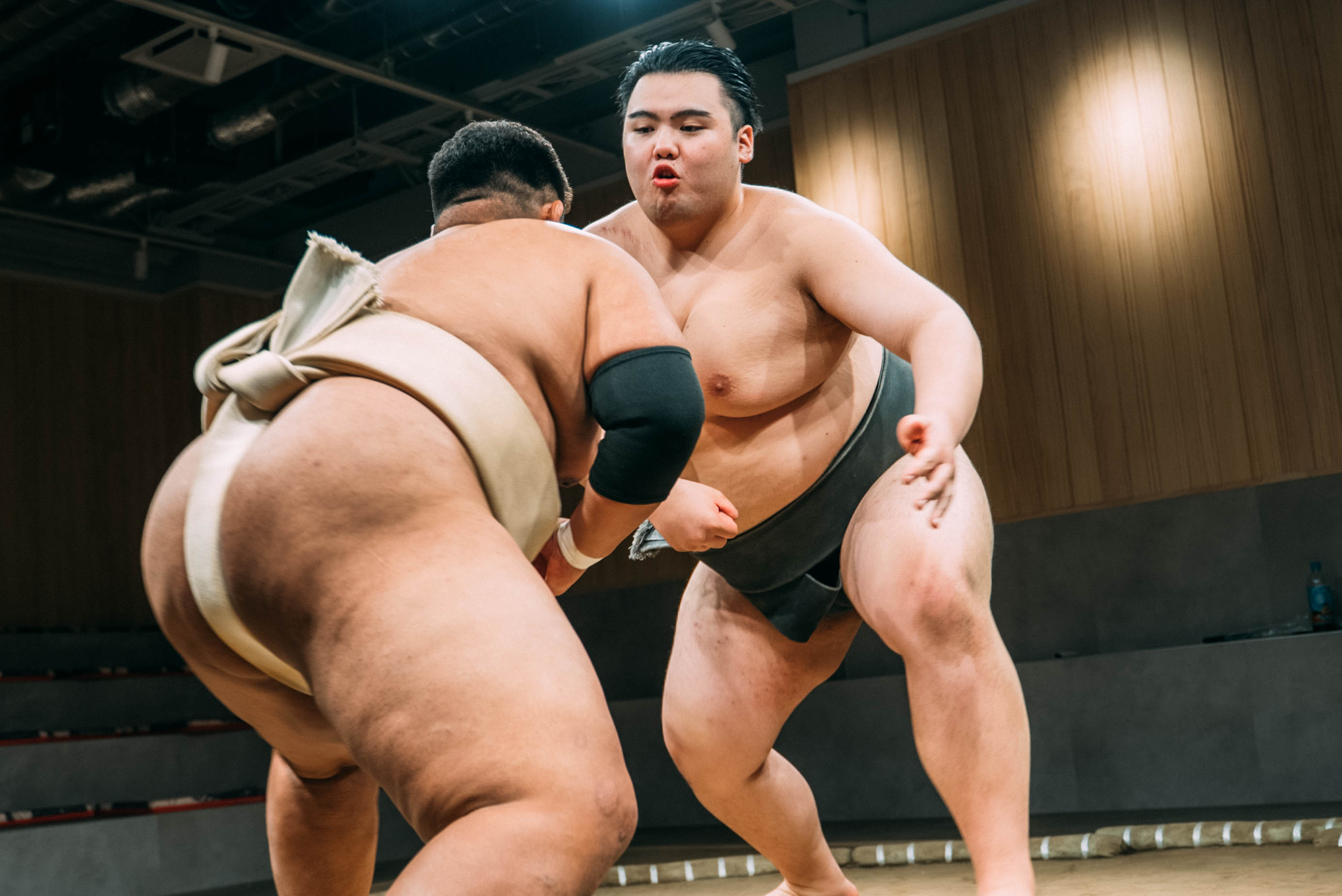Two sumo wrestlers colliding at the moment of the charge, one driving forward with an intense expression